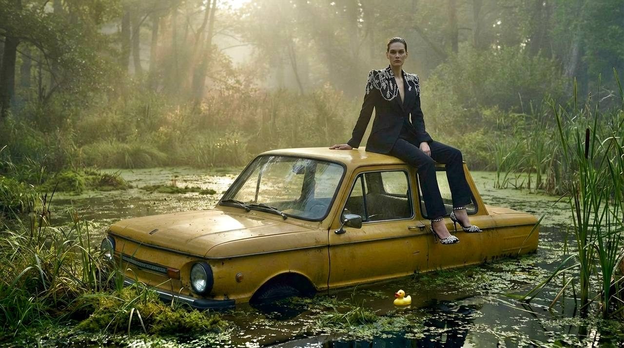 Модель на жёлтом автомобиле в болоте